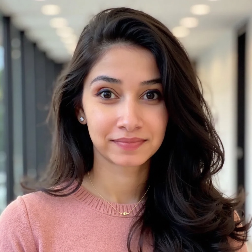 A headshot of Nandhita in a well-lit hallway